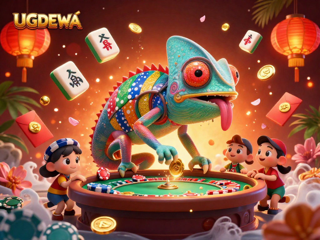 UGDEWA captivates with a vibrant chameleon casino owner amidst animated gambling elements.