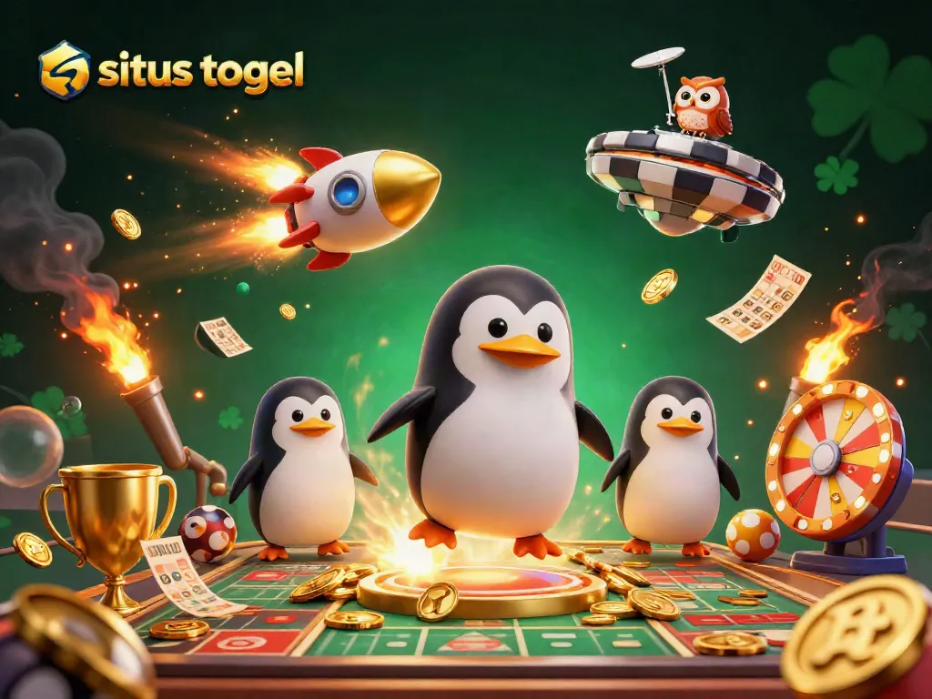 Win big with situs togel as a golden penguin blasts through a vibrant lottery scene