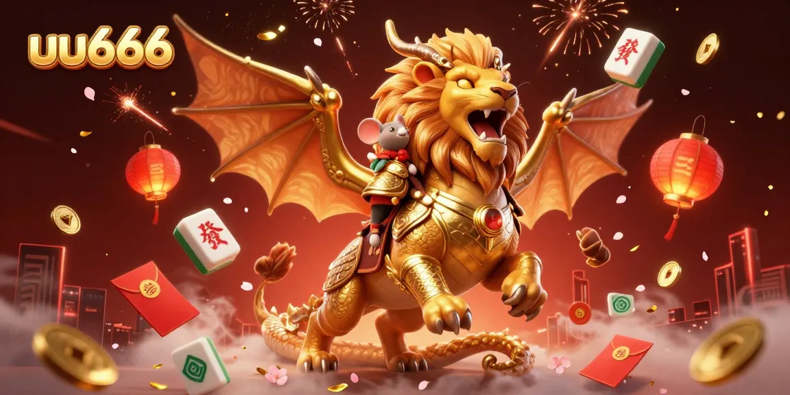 Experience the excitement of uu666 with 3D golden chimera creature and vibrant casino elements!
