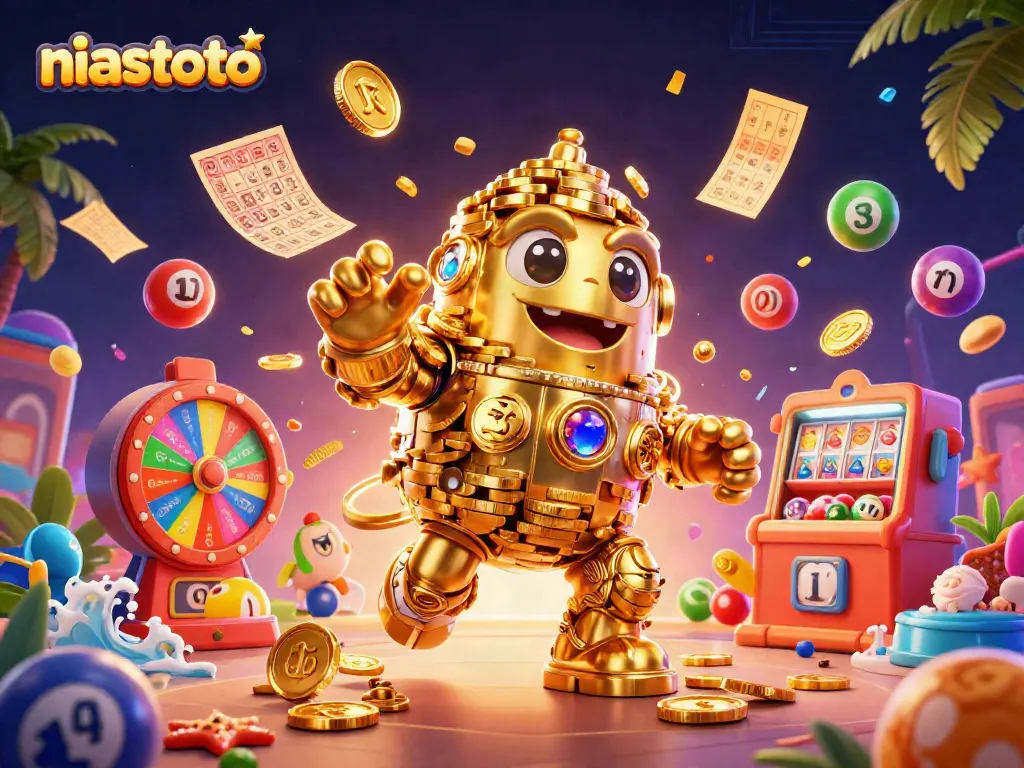 Permainan niastoto dengan golem emas dan elemen lotere ceria yang mengelilinginya.