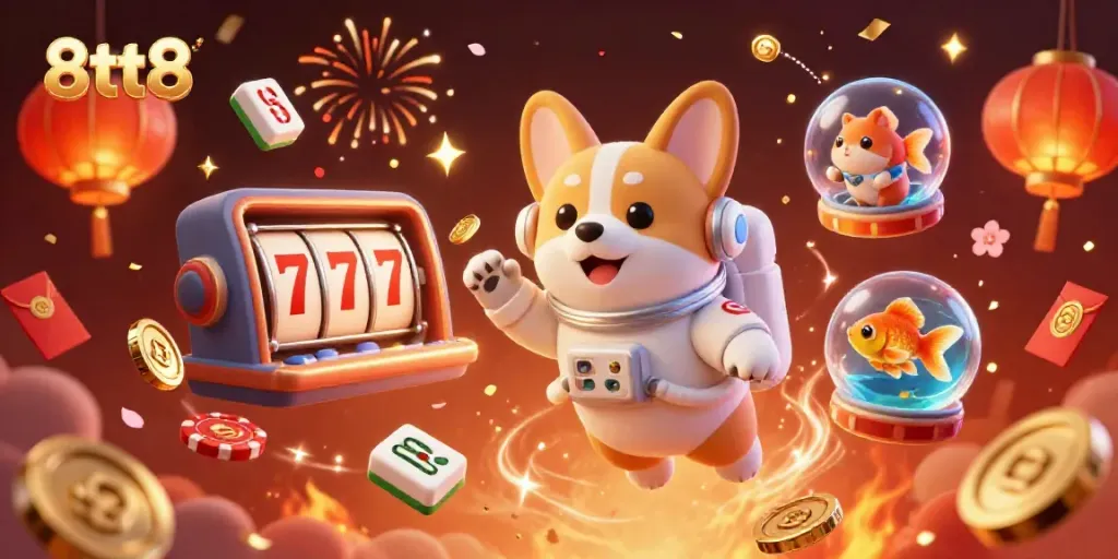 Engage with 8tt8's lively casino atmosphere featuring chubby corgi astronaut and festive elements.