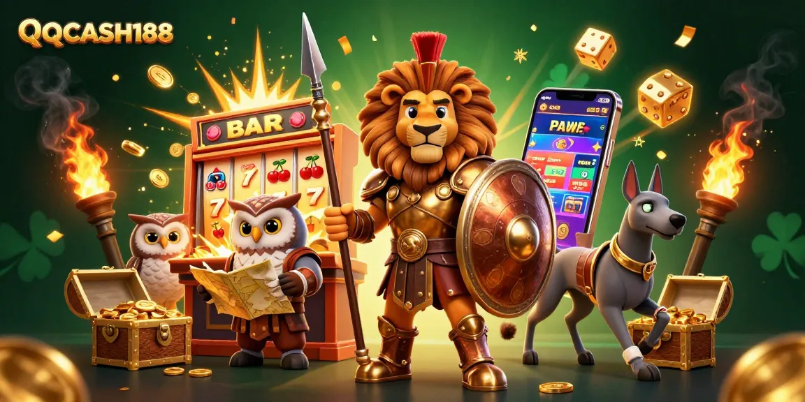 Spin the reels and win big at QQCASH188 with an action-packed casino scene!