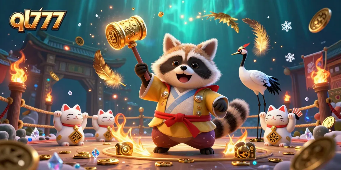 Experience thrilling gaming with ql777, a vibrant casino illustration featuring a cheerful tanuki and lucky elements.