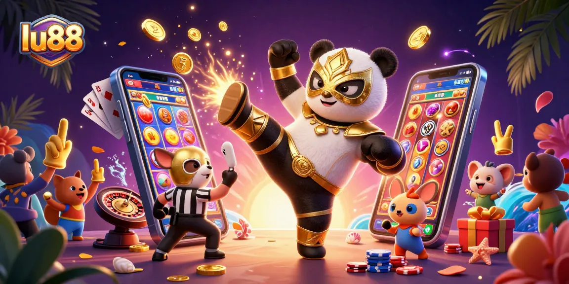 Experience thrilling gameplay at lu88 with a panda wrestler and chihuahua referee amid vibrant casino elements.