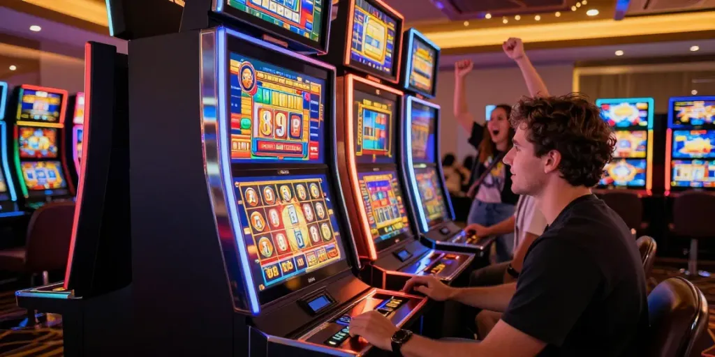 Permainan slot online di NAGAHOKI303 yang menarik dengan suasana ceria dan mesin slot warna-warni.
