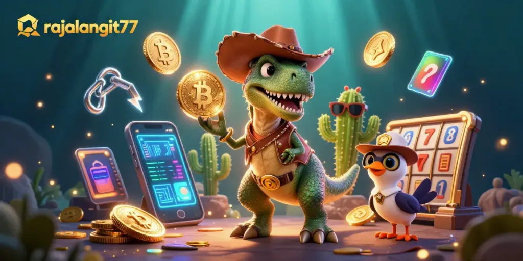Engage with rajalangit77 as a cowboy dinosaur, surrounded by casino riches and Bitcoin glimmer.
