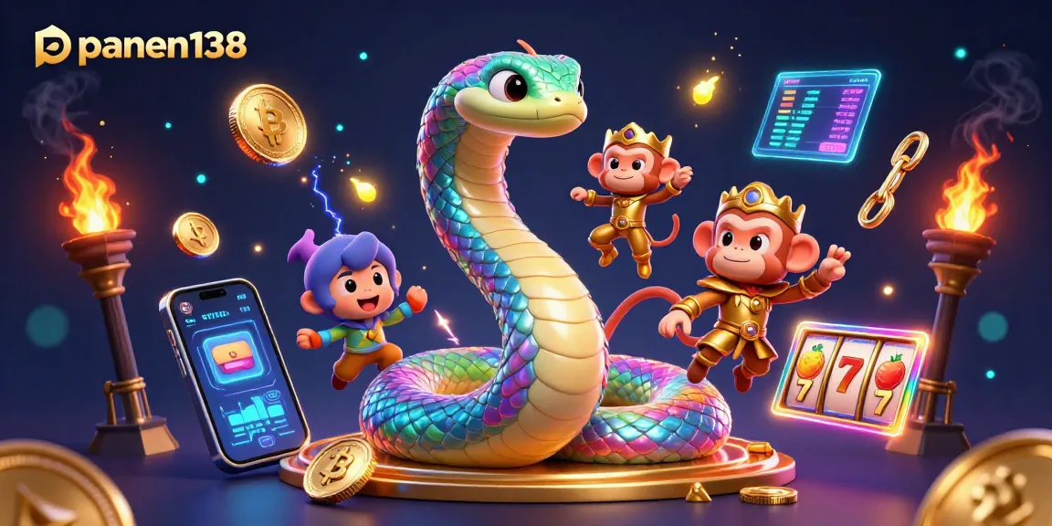 Experience the excitement of panen138 with vibrant 3D illustrations featuring a colorful serpent and golden monkey.