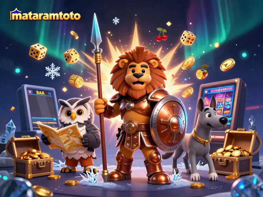 Experience thrilling wins at MATARAMTOTO with vibrant slots surrounded by a Spartan lion and golden treasures.