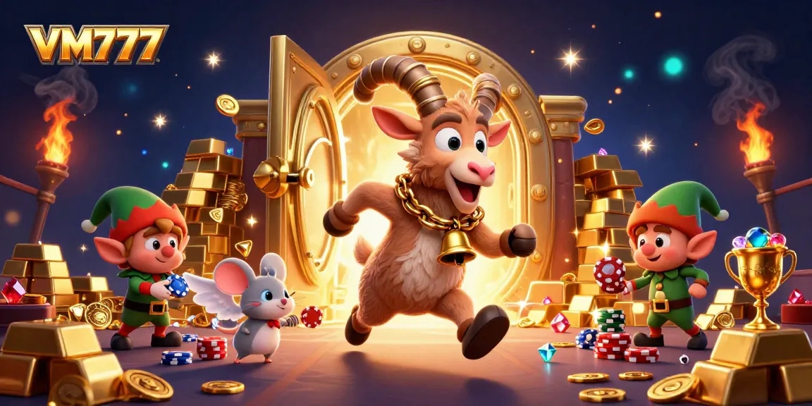 Win big with VM777 in a vibrant holiday-horror casino scene featuring Krampus and themed characters.