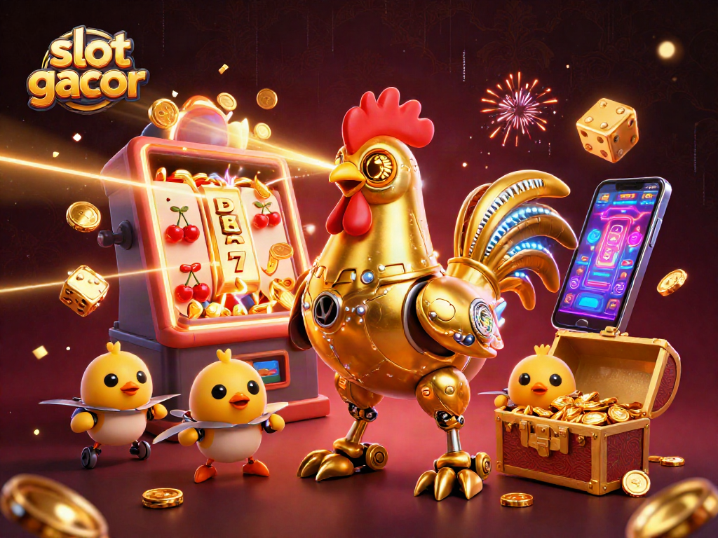 Melihat slot gacor melalui ilustrasi 3D cerah dari mesin slot dan karakter robot ayam emas