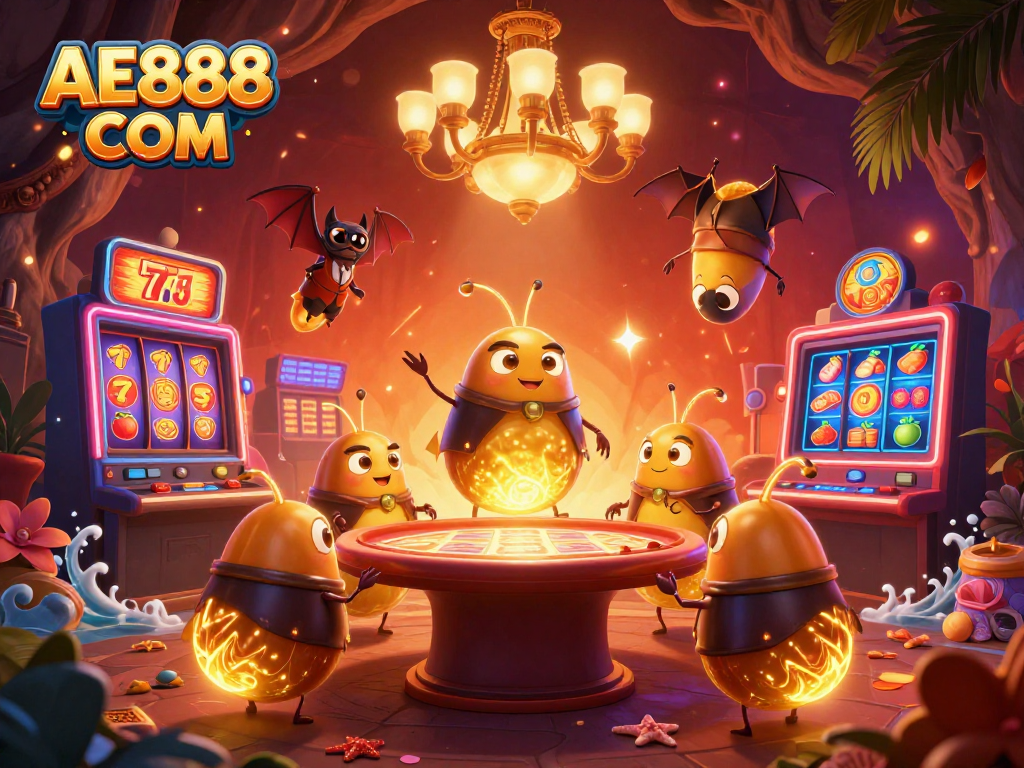 Experience exhilarating gameplay at AE888 COM with vibrant slot games and lively casino scenes.