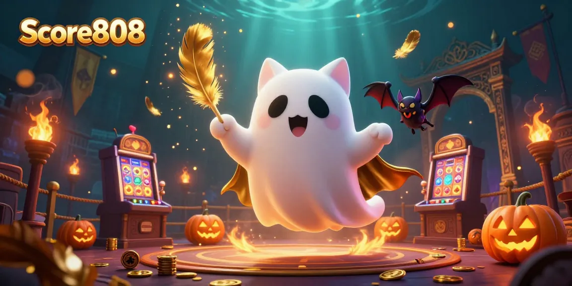 Score808 enhances your gaming with a friendly ghost cat, vampire bat, and glowing jack-o-lanterns at play.