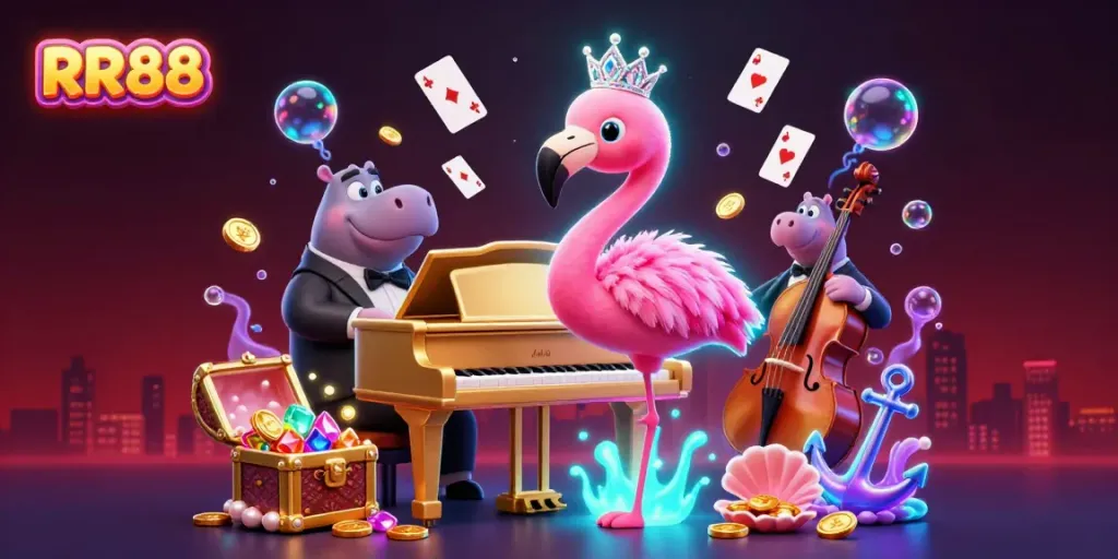 Experience the vibrant RR88 casino atmosphere with lively characters and shimmering game elements.