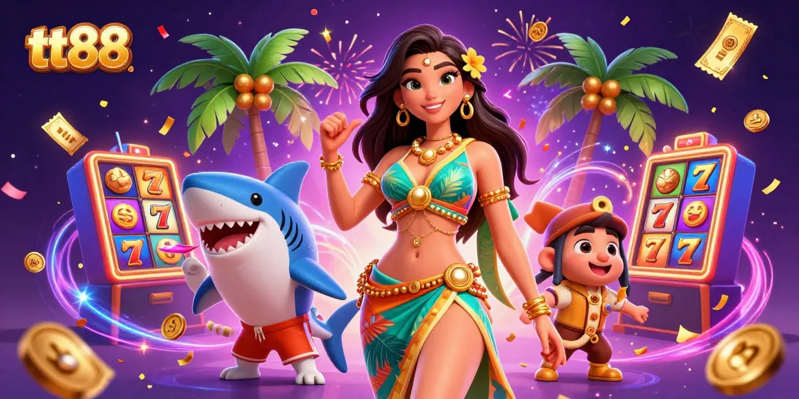 Engaging illustration of slot games and fun at tt88, showcasing a glamorous woman and a surfer shark.