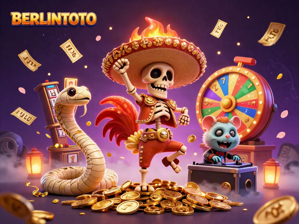 Celebrate winnings at BERLINTOTO with lively gaming characters amidst colorful slot reels and festive confetti.