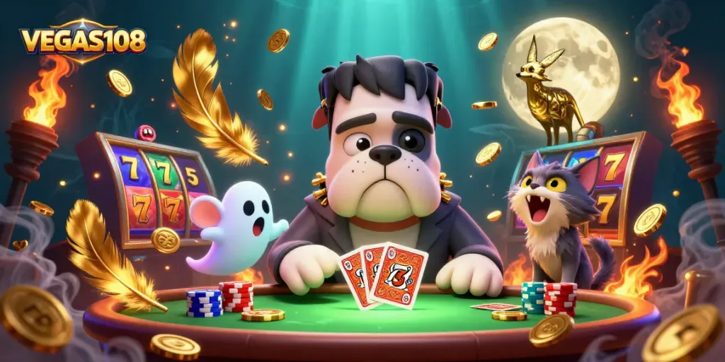 Deal cards with VEGAS108 in a dynamic casino scene featuring a Frankenstein bulldog and werewolf kitten.