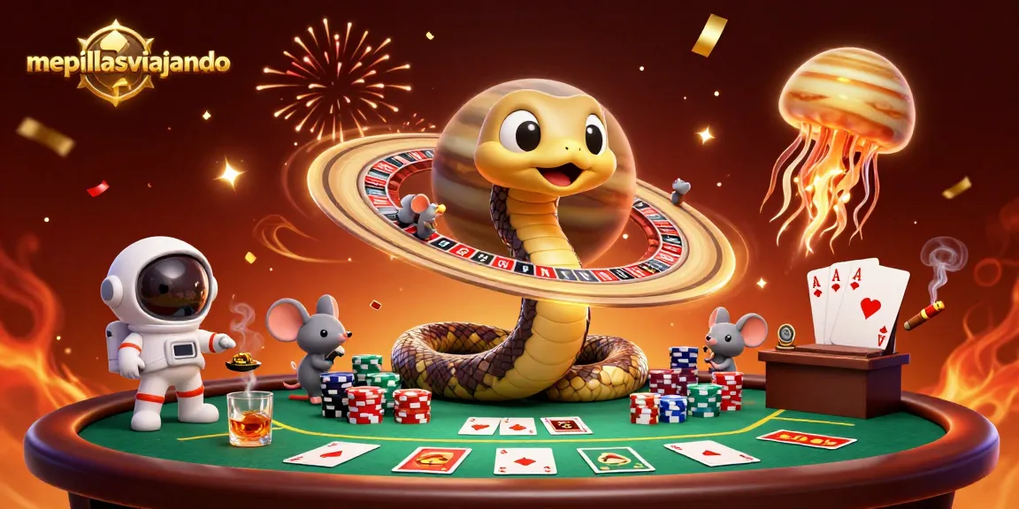 Mepillasviajando showcases a cosmic casino scene with a Saturn snake and gaming mice placing bets.
