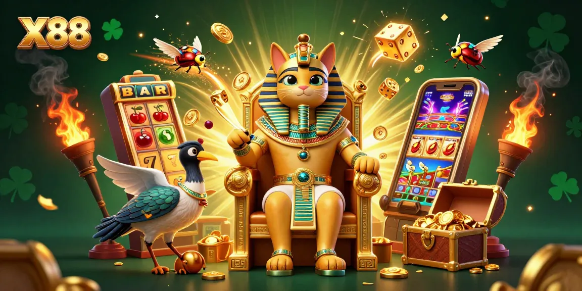 X88 slots illustration showcasing a pharaoh cat and scribe amidst a jackpot explosion, vibrant casino elements.
