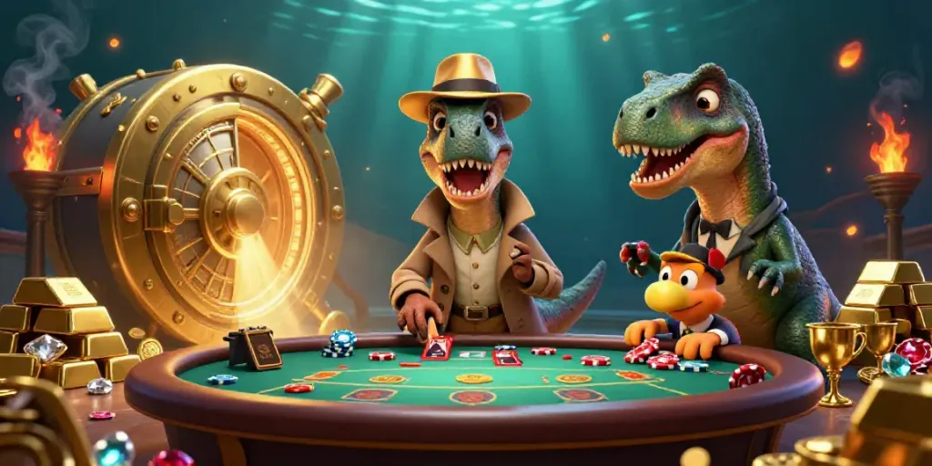Xoso66 highlights a whimsical blackjack scene with a velociraptor card counter and treasure vibes.