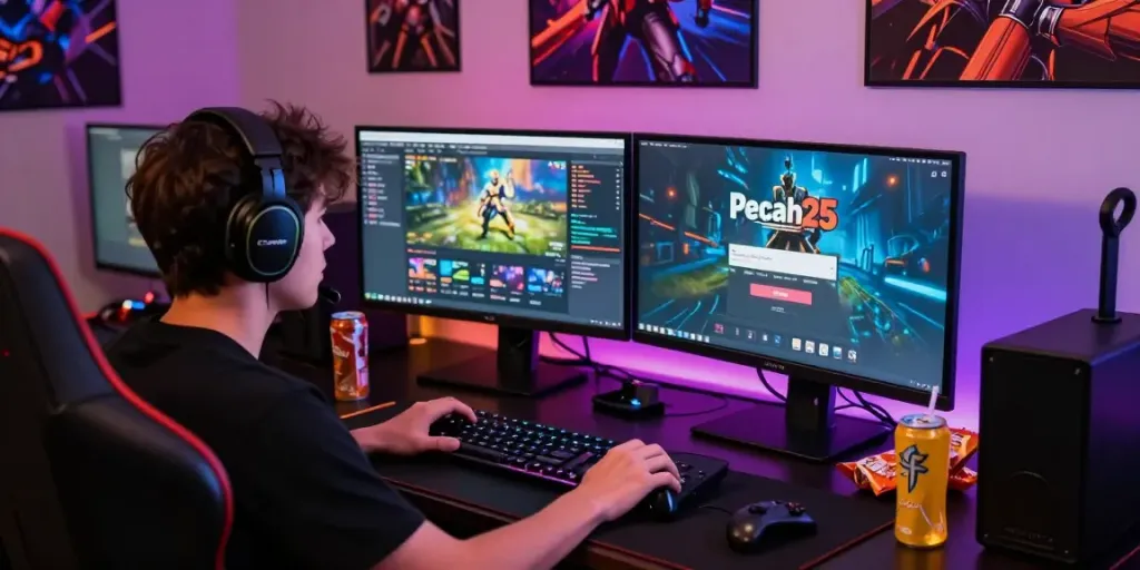 Login pecah25 dengan pemain bermain game di komputer dengan atmosfer kompetitif.