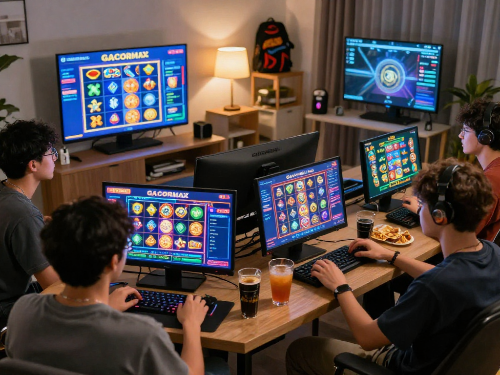 Exciting group of friends enjoying GACORMAX slot games in a vibrant living room setting, showcasing engaging gameplay.