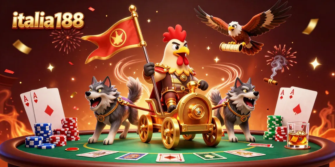 Rasakan sensasi judi di italia188 dengan ilustrasi kartun 3D yang menampilkan ayam jantan dengan kereta emas dan elemen kasino.