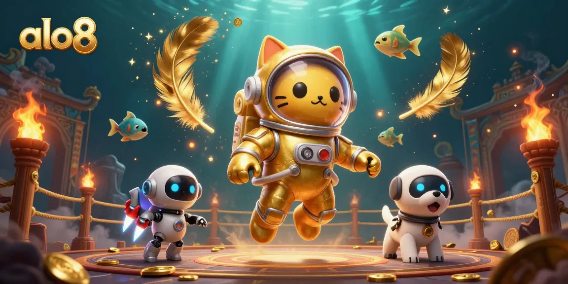 Join the excitement of alo8 with a dynamic casino-themed scene featuring a floating astronaut cat and a robot dog.