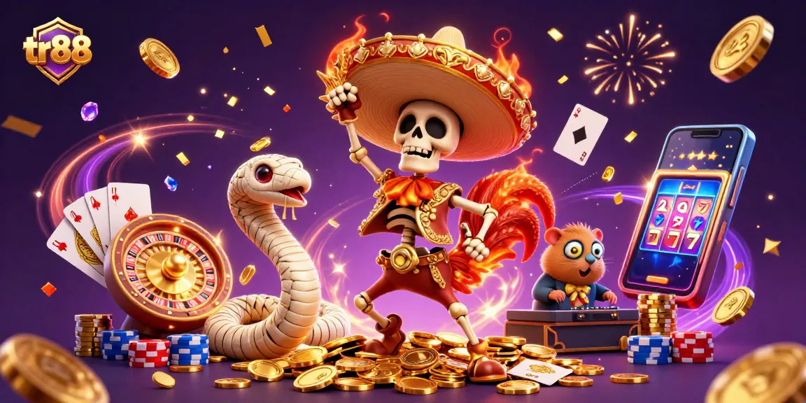 Experience the excitement of tr88 with a vibrant gaming celebration featuring a joyful mariachi rooster dancer and dynamic casino elements.
