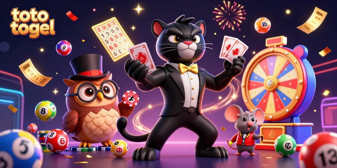 Visualisasi toto togel dengan karakter kartun, bola lotere, dan efek magis yang mengesankan.