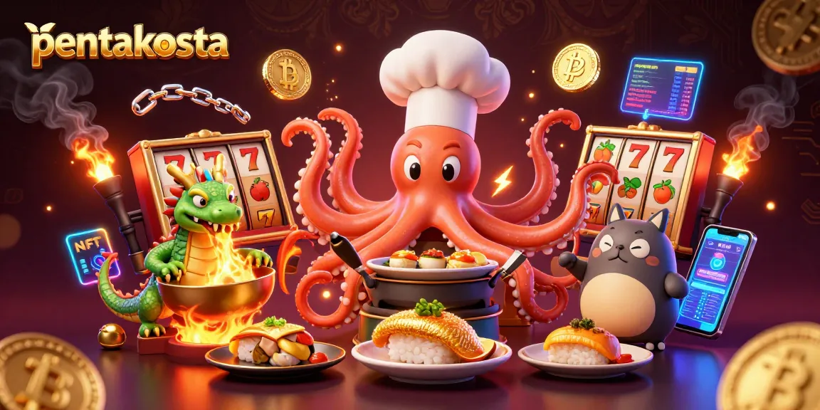 Pentakosta slots scene with an octopus chef and dragon, showcasing vibrant gambling elements.