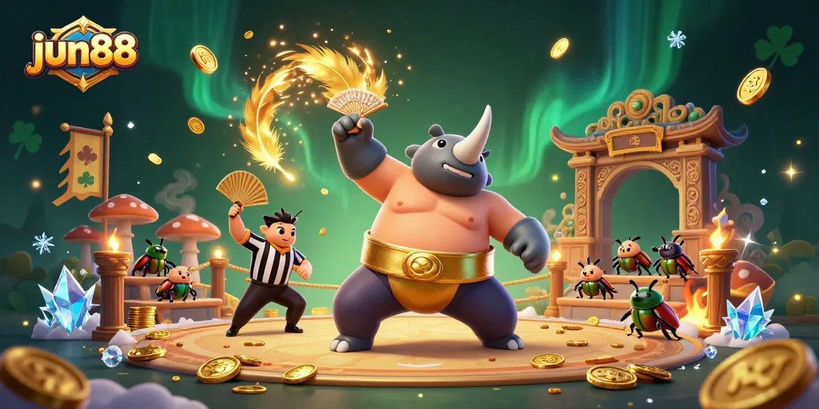 Experience the excitement at jun88 with a dynamic illustration of a beetle champion and gambling elements.