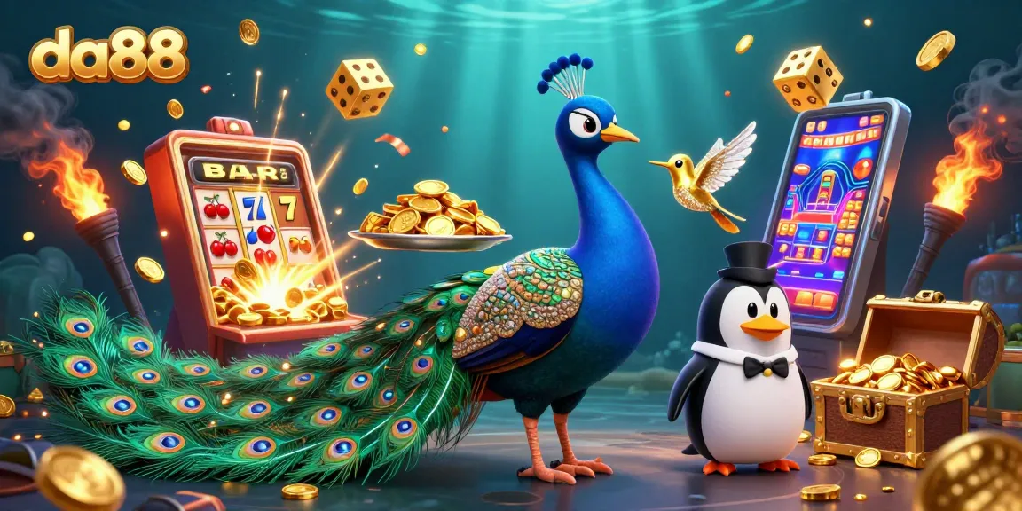 Venture into da88's vibrant casino world with a dazzling peacock, sophisticated penguin, and golden hummingbird.