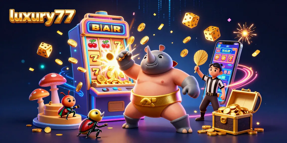 Experience excitement at luxury777 with a 3D cartoon beetle champion surrounded by casino elements.