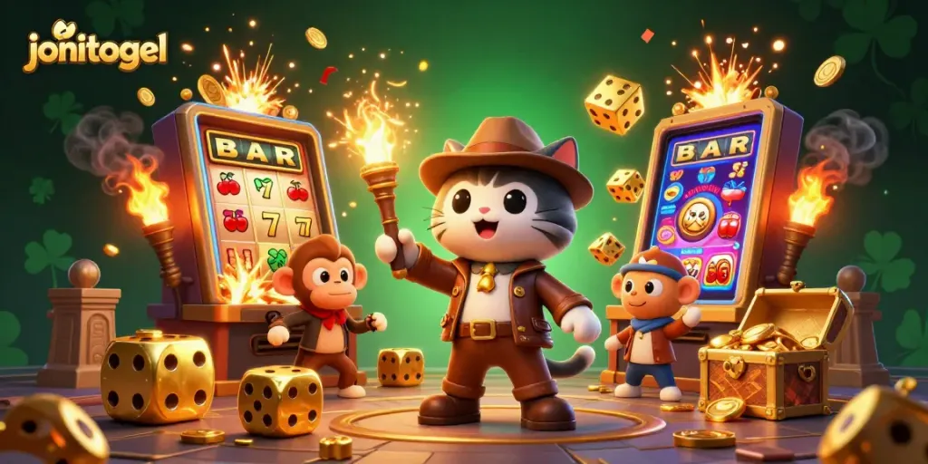 Engage in the dynamic world of jonitogel with vibrant slot machines and a treasure-filled adventure.