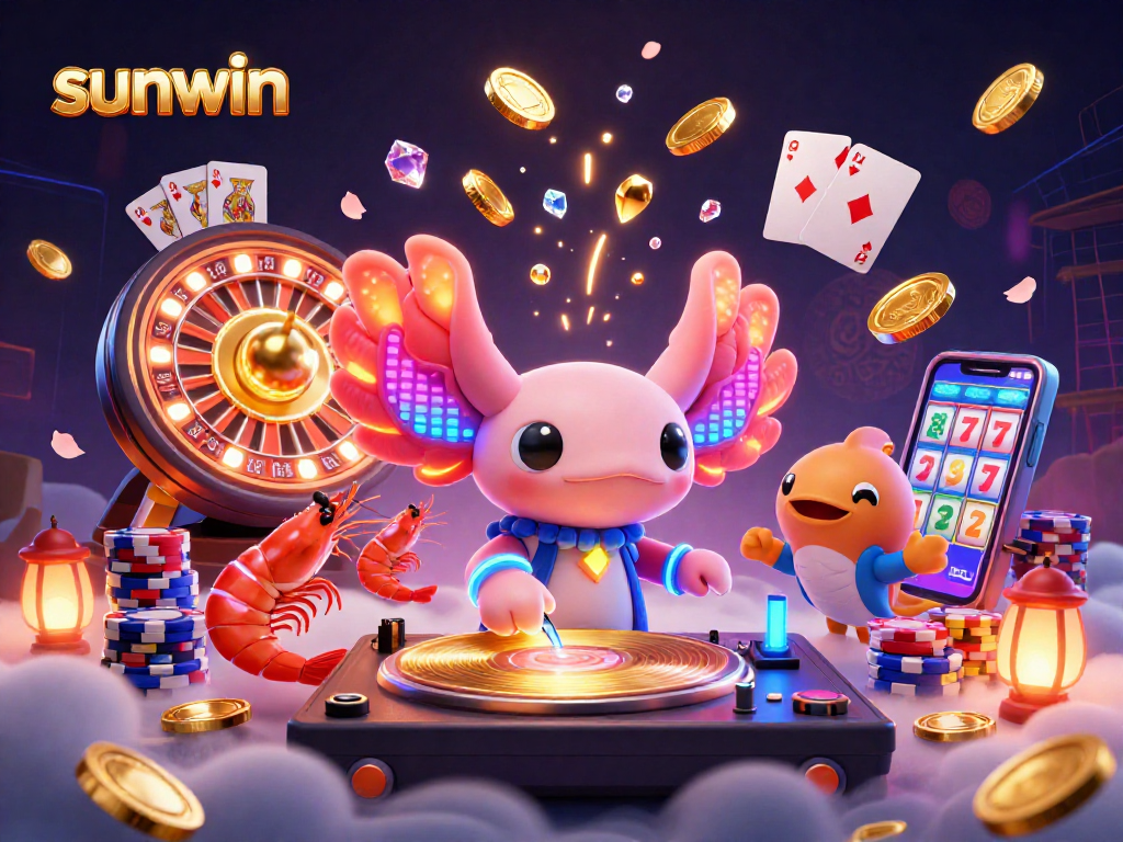 Unleash your luck with sunwin's vibrant 3D casino illustration featuring lively characters and stunning game elements.