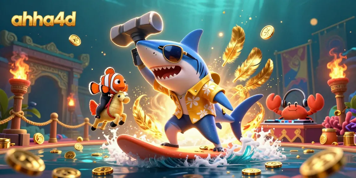 Surf on gold coins with ahha4d's shark, clownfish, and crab DJ delivering epic gaming vibes.