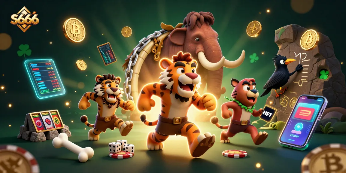 S666 unveils a vibrant casino scene with a caveman duo and sabertooth tiger amidst slots and crypto coins