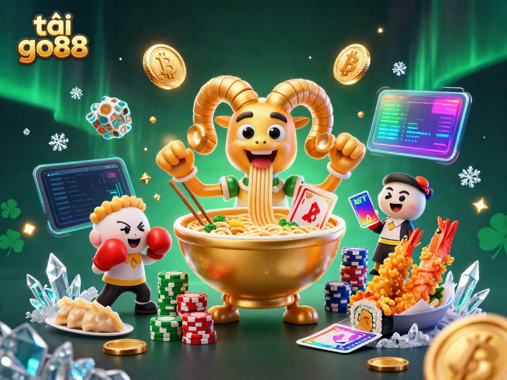 Engage in thrilling fun with tải go88 as a golden ramen bowl deals cards and stacks chips amidst vibrant gaming elements.