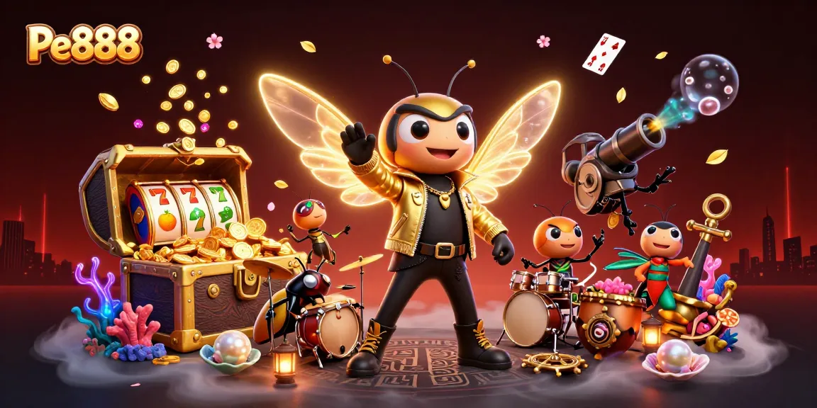 Experience the thrill of playing at Pe888 with a lively 3D casino scene featuring vibrant cartoon characters and dynamic gaming elements.