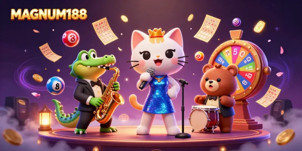 Experience the thrill of MAGNUM188 with lively characters and vibrant casino elements.