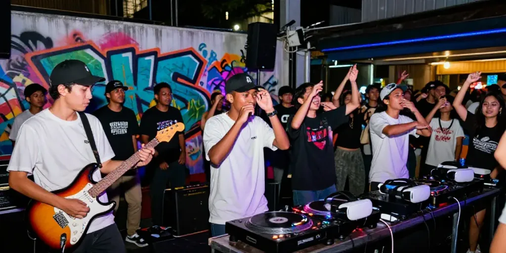 Dynamic urban music scene at https://jakartabeat.net micro gig with vibrant crowd and performers.
