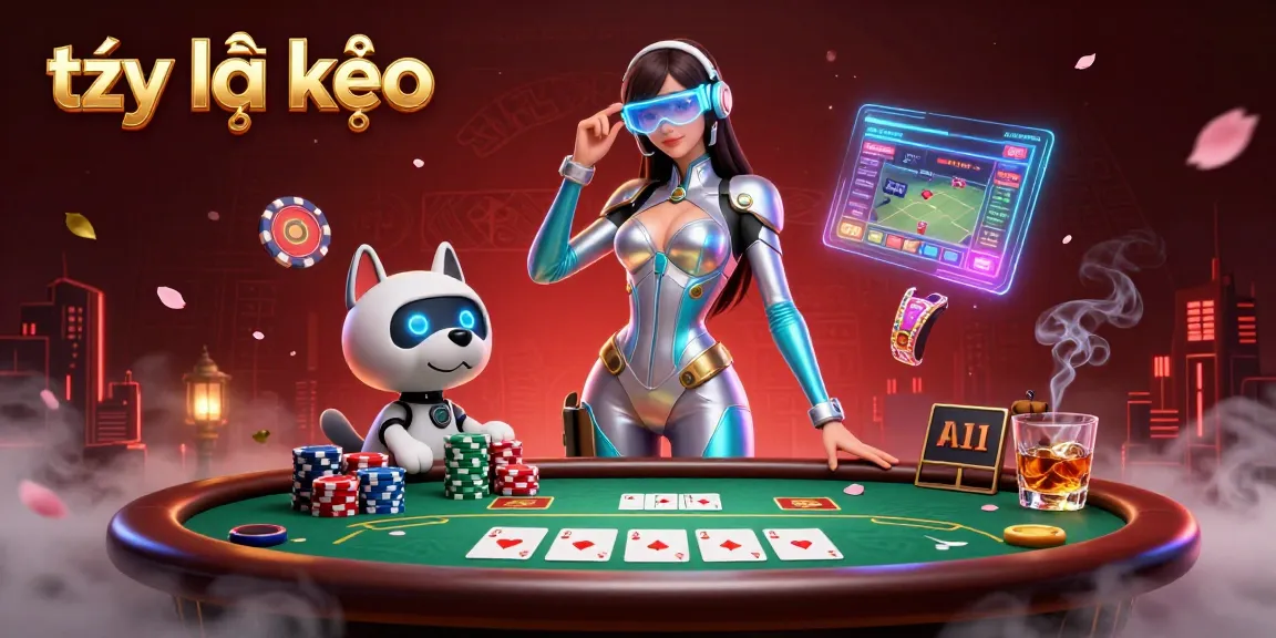 Engaging scene illustrating tỷ lệ kèo with a futuristic woman and a robot dog amidst dynamic betting elements.