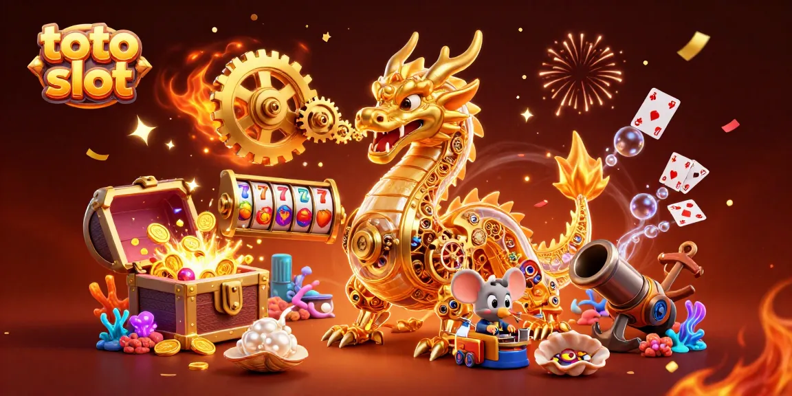 Menangkan permainan toto slot dengan ilustrasi naga emas mekanis yang memancarkan koin emas.