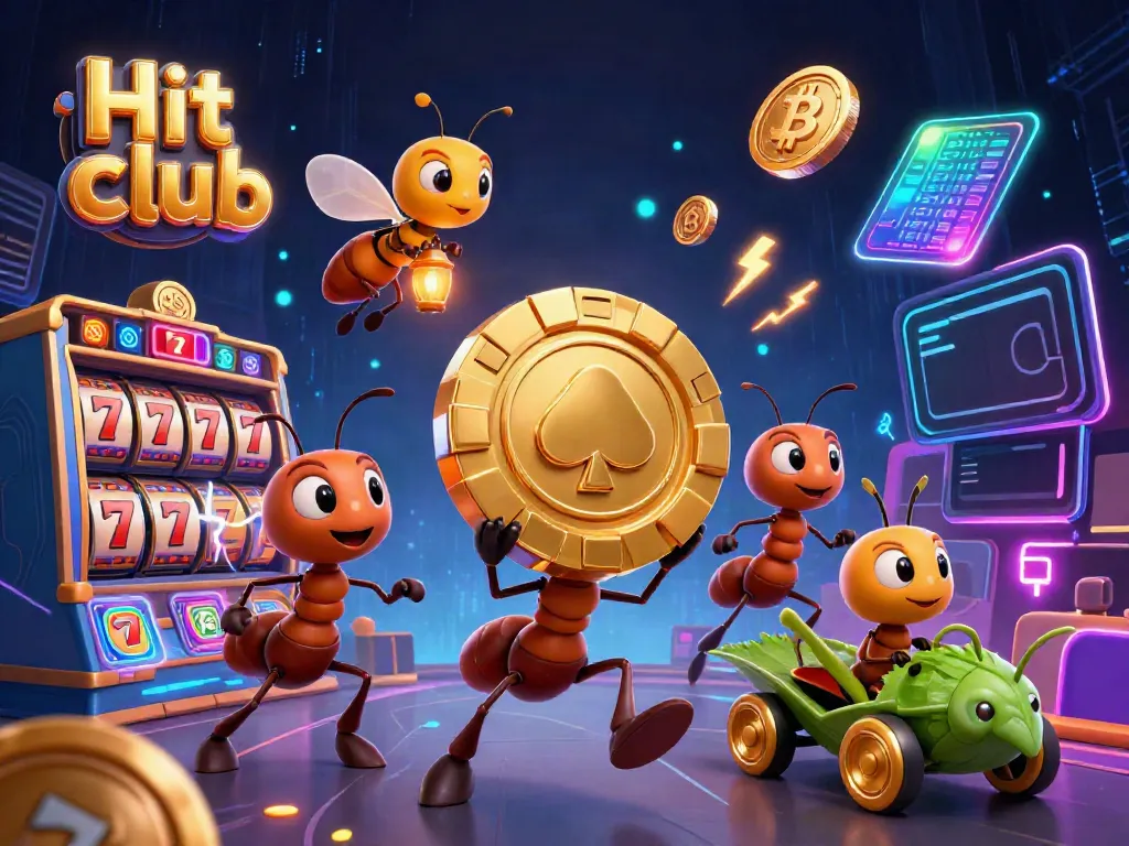 Hit club showcases a dynamic heist scene with cartoon ants, golden poker chip, and slot elements.