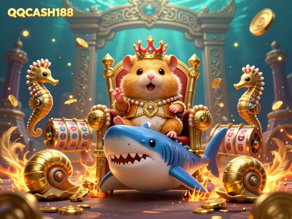Engage with QQCASH188 at a vibrant casino underwater scene featuring a hamster king, seahorse guards, and dynamic gold elements.