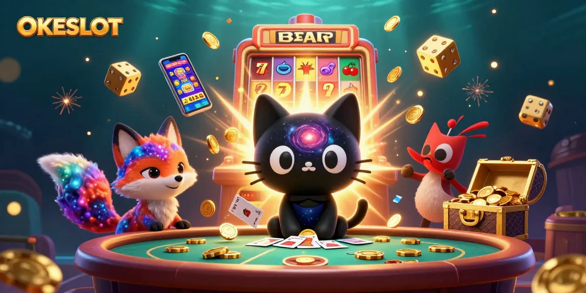 Menangkan permainan slot dengan OKESLOT dalam ilustrasi kasino cosmic yang menarik dan penuh warna.