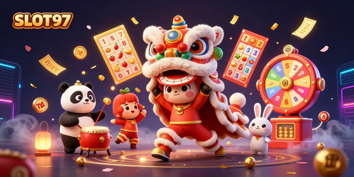SLOT97 showcases a lively scene with a dancing lion, drumming panda, and vibrant gambling elements for thrilling gameplay.