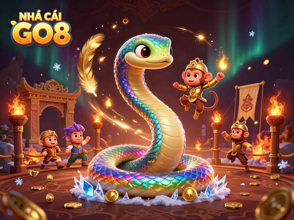 Engage with NHÀ CÁI GO8 gaming world featuring vibrant 3D cartoon characters and casino-themed elements