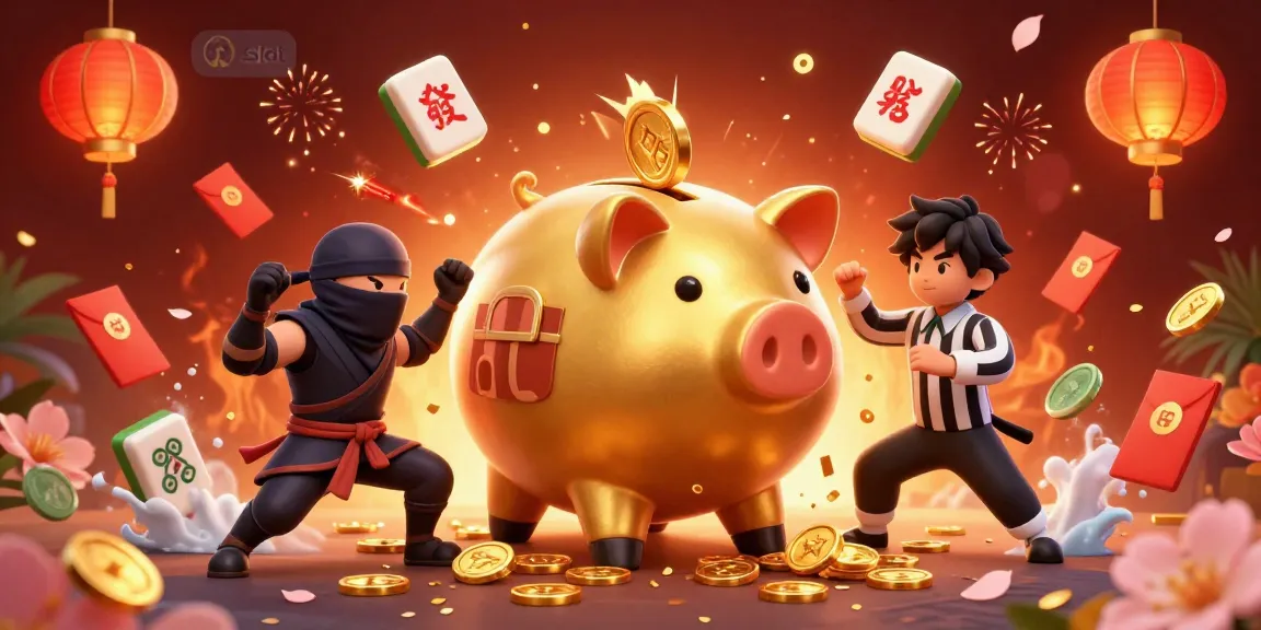 Aksi menarik di apk slot dengan karakter piggy bank dan ninja dalam ilustrasi 3D yang penuh dengan elemen keberuntungan.