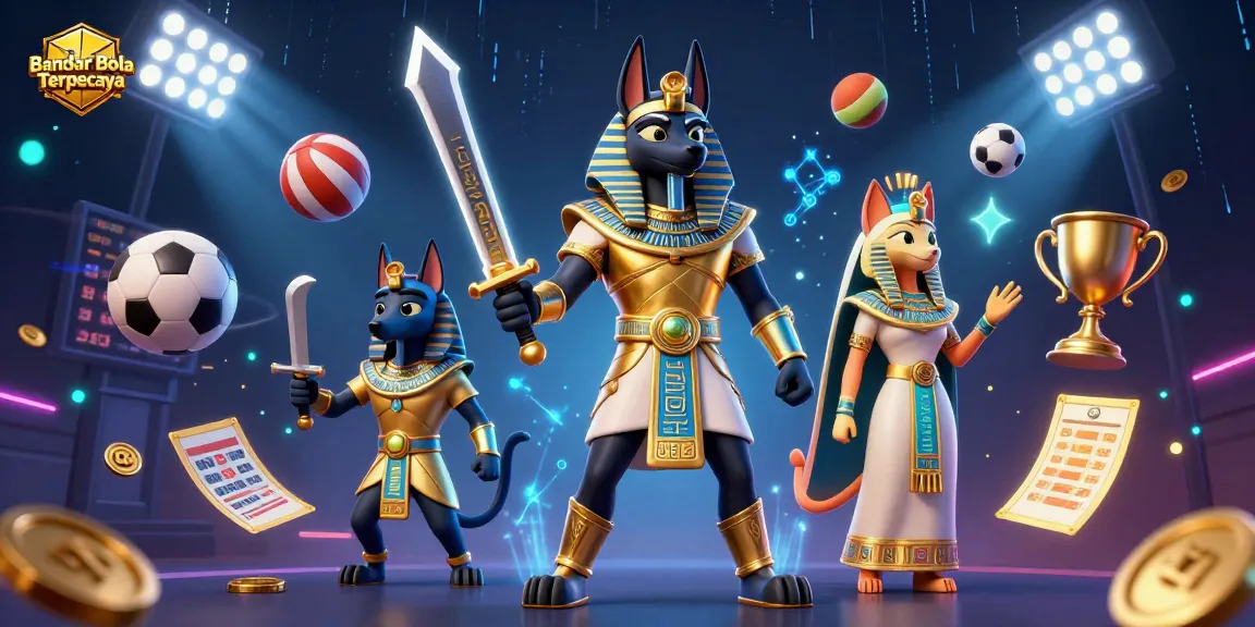 Bet on Bandar Bola Terpercaya with action-packed sports betting elements and Egyptian-themed characters.